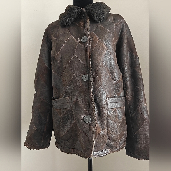 VTG Shearling Jacket Reversible brown patchwork small Germany Boho - Picture 1 of 9